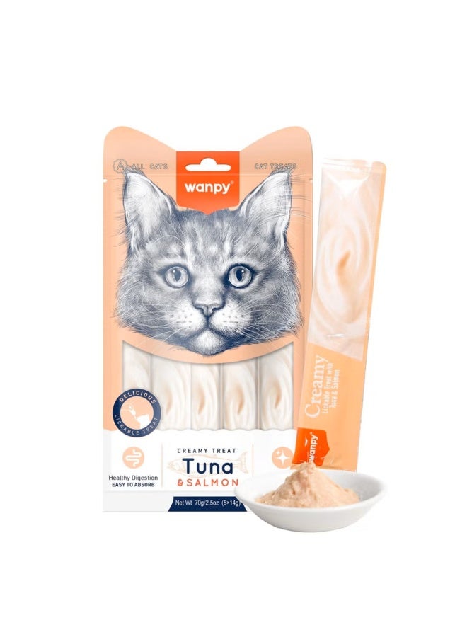 Creamy Lickable Cat Treats– Tuna & Salmon Flavor – 5 Sticks per Pack – Healthy Digestion & Easy to Absorb ✨